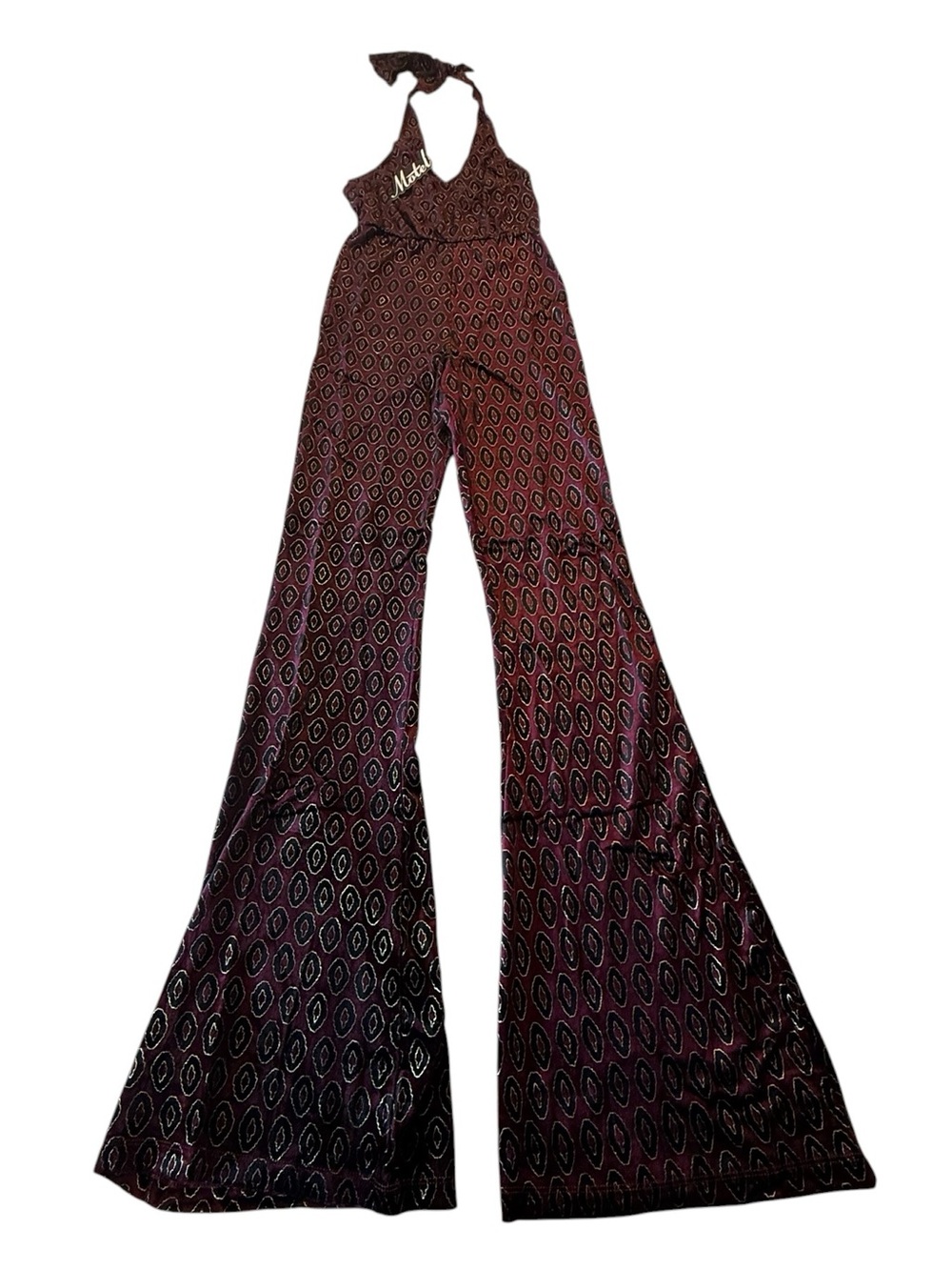 Motel Rocks Moody Maroon Burgundy Metallic Halter Wide Leg Jumpsuit  70s Party - Picture 9 of 14